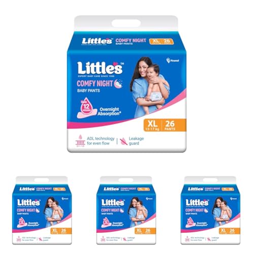 Image of Little's Baby Diapers XL Size (Extra Large) Pants Style | 12-17 kg | 26 Count | Comfy Nights Baby Diaper Pants with Leakage Guard & Upto 12 Hours Absorption (26 Count, Pack of 4)