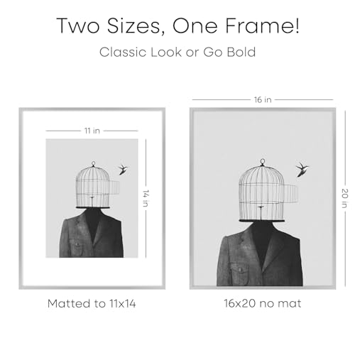 Image of Homeforia 16 x 20 Picture Frame Silver, High End Metal 16 x 20 Frames with Mat 11 by 14 Photo, 16x20 Silver Poster Frame Matted to 11x14 Print, 20x16 Hanging Frames, Tempered Glass, Wall Kit, Set of 1