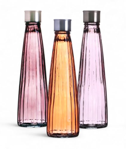 Lot de 3 bouteilles d'eau en verre vintage 750 ml - Structure linéaire - Bouteilles en verre colorées avec bouchon à visser - Carafe pour eau, jus et...