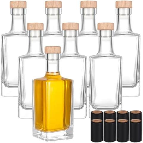 8 Pack Glass Liquor Bottles, 8 Oz (250ml) Square Glass Bottles with Corks and Shrink Capsules, Glass Bottles with Cork for Liquor Wine Water Vodka Brandy Whiskey Beer Soda Cover