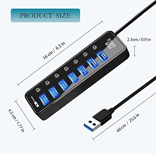 7 USB Data Ports Hub splitter with Individual On/Off Switches+1 USB Smart Charging port with 5V/3A Power Adapter USB Extension