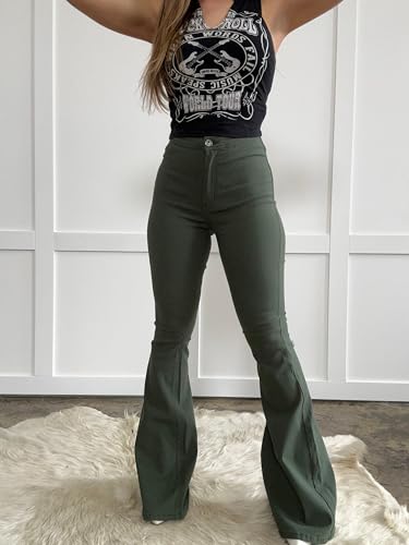 Willow Boutique High Waist Bell Bottom Jeans | Stretchy Women Bell Bottom Pants | Womens Fall Jeans for Casual - Olive3