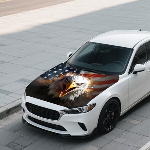 Image of American Car Hood Cover - 59x51 in Car Hood Cover Eagle Flag Bonnet Banner with 2 Adjustable Triangular Fasteners, Universal Fit for Trucks, SUV, Patriotic America Flag Cars Decor