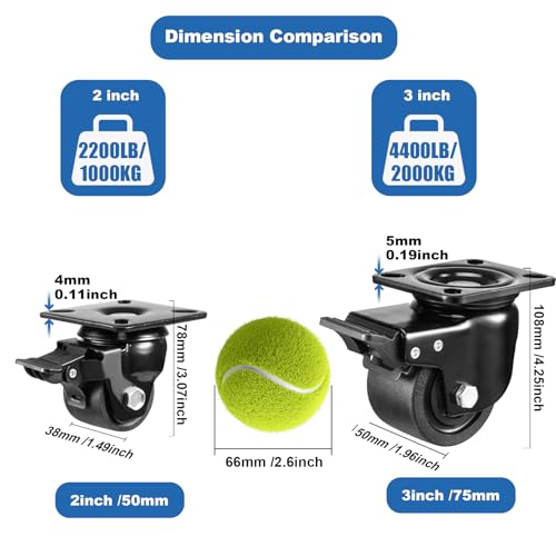 W B D WEIBIDA 2-inch Plate Swivel Caster Wheels Set of 4 Heavy Duty, Load Capacity 2200lbs, Low Gravity Center Black Extra Width Caster with Brake, Durable & Quiet & Sturdy Nylon Wheels for Industrial by W B D WEIBIDA - Image 2