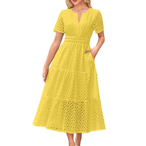 Womens Summer Dresses Elegant Eyelet Dress Short Sleeve V Neck Button Wrap Dress Loose Beach Ladies Maxi Sundress Hollow Out Tunic Dress Boho T-Shirt Dress with Pockets 2025 Yellow