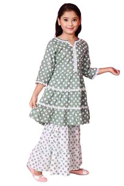 Image of First DREAMGirls Pink Bandhani Printed with Cotton Flower Lace Kurta with Sharara