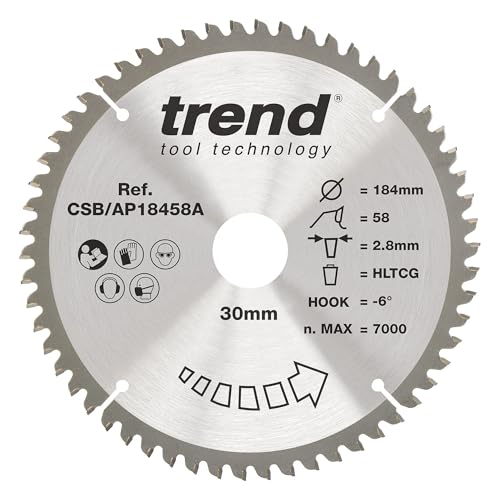 Trend Aluminium & Plastic Circular Saw Blade, 184mm Diameter, 30mm Bore, 58 Teeth, 2.8mm Kerf, -6° Hook, TCT, Extra-Fine Finish, CSB/AP18458A