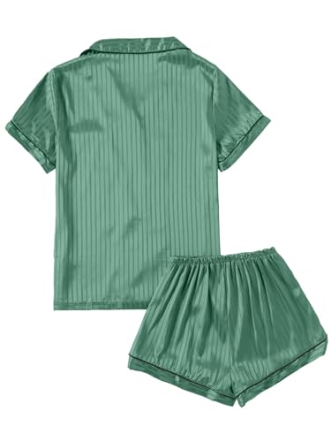 Image of Remidoo Women's Silk Satin Pajama Set Striped Button Up Pjs Short Sleeve Loungewear