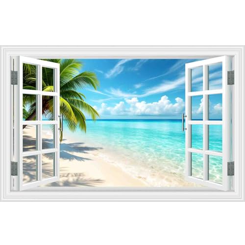 Fake Window Wall Decals- Summer Beach Ocean Tropical Island Palm Tree Faux Window Wall Art Poster Sticker for Home Office Landscape Decor, Peel and Stick Seascape Natural Scenery Scene Mural,24' x 16'