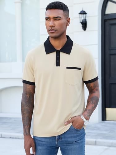 Image of Men's Casual Polo Shirts Summer Short Sleeve Contrast Collar Buttoned Tee Polo Shirt with Pocket