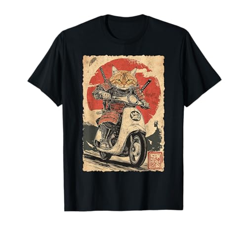 Motocicleta vintage anime japonés samurai gato equitación scooter Camiseta