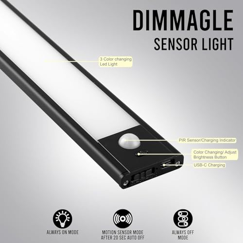 Image of MoonlitDreams Aluminium Rechargeable Motion Sensor Led Light for Wardrobe - 3 Color Modes Magnetic Closet Light with Stepless Dimming for Under Counter| Under Cabinet, Kitchen, Cupboard (Black, 20Cm)