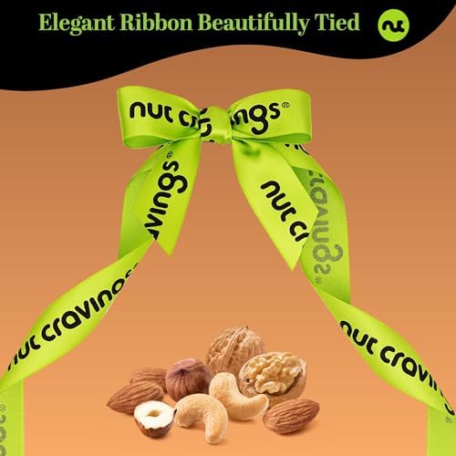 NUT CRAVINGS Gourmet Collection - Fathers Day Mixed Nuts Gift Basket in Reusable Wooden Tray + Green Ribbon (12 Assortments) Teacher Appreciation Gifts Arrangement Platter, Healthy Kosher USA Made