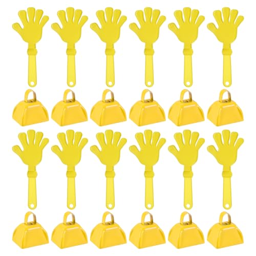 PATIKIL 12Pcs Cow Bells for Football Games, 3 Inch Cowbells for Sporting Events Bulk Loud Noise Makers Metal Cow Bell with 12Pcs Cheering Clappers for Cheering Graduation, Yellow