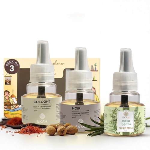 Image of EKAM | Combo Pack Of 3| Woody Fragrance Scented Plug-In liquid Air Freshener Refill | 45ml Each | Lasts up to 125 Days Each / 500 Hours Each | Perfect for Living Rooms, Bedrooms & More