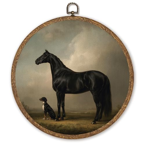 Horse and Dog Wall Art Decor, Classic Equestrian Hanging Artwork, Retro Animal Portrait Canvas Prints for Living Room Entryway Farmhouse Home, 10 Inch Round Wall Hanging Decor Gift for Horse Lovers(Black-Horses)