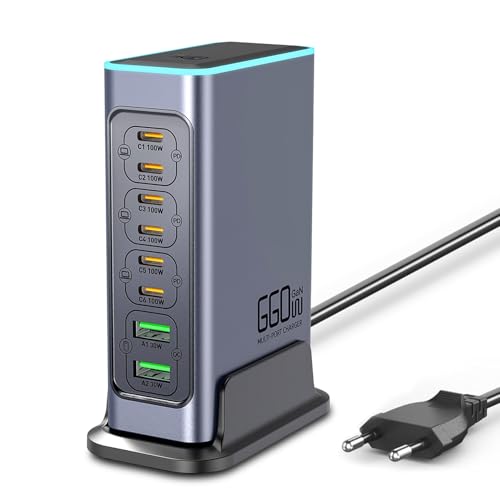 Cargador USB C múltiple de 660W, Cargador rápido de 8 Puertos con tecnología GAN PD 100W Charging Station hub, Fuente de alimentación USB, Compatible con portátil, MacBook/iPad/iPhone/Samsung