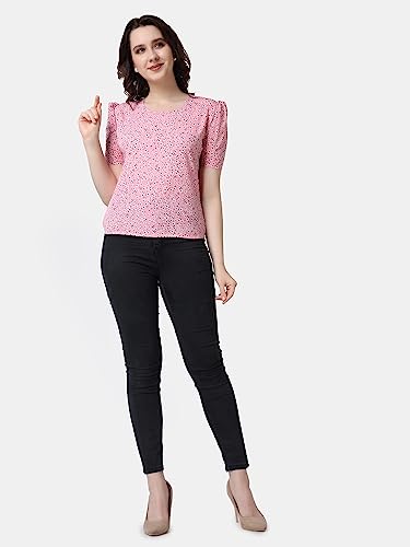 Image of POPWINGS Casual Printed Puff Sleeves Round Neck Top for Women || Stylish Summer Tops for Women || Hip-Length Women Top