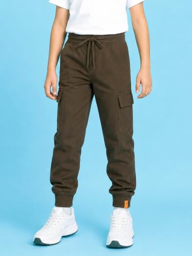Image of KiddoPanti Boys Cotton Joggers | 100% Cotton Single Jersey | 2 Side Cargo Pockets with Flap | Elasticated Waist Band with Functional Drawcord | Soft & Breathable Track Pants