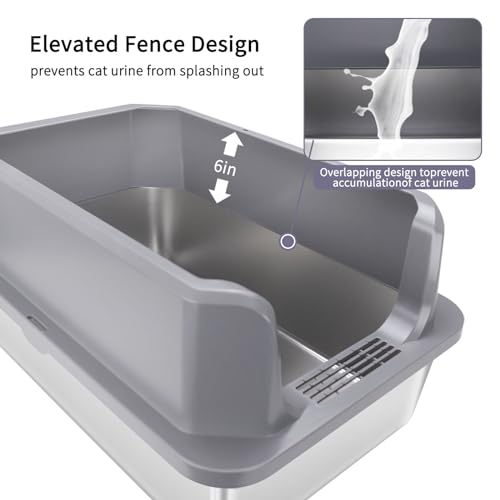 RIZZARI Stainless Steel Cat Litter Box, Semi-Enclosed Litter Box with Raised Edges, Anti-Leakage & Odorless, Easy to Clean, Large Litter Box for Small to Large Sized Cats (Dark Gray) - Thumbnail 3