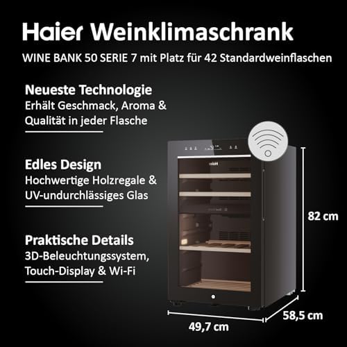 Bild 1 - Haier Weinkühlschrank klein 50 SERIE 7 HWS42GDAU1 I 42 Flaschen Weinklimaschrank I Neue Technologie für perfekte Lagerung I Weinkühlschrank 2 Zonen, UV-Glastür & Holzregale I Wi-Fi I Wine fridge