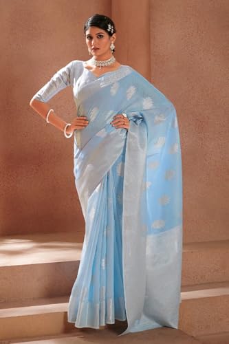 Image of SWORNOF Women's Pure Silk Saree With Blouse Piece