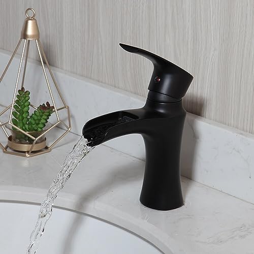 GXRQLHYZ Grifo de Lavabo Cascada montado en Cubierta Negra Mate, Grifo Cromado, Mezclador grifos baño tallados Agua fría y Caliente(Matte Black)