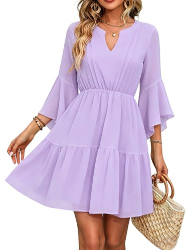 Image of Womens Spring Summer Mini Dress Western Ruffled Sleeve Chiffon V Neck Flowy A Line Short Wedding Guest Party Dresses