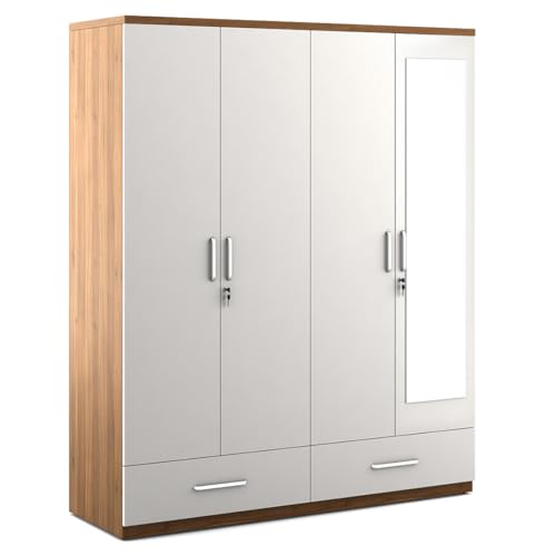 Image of Spacewood Apex 4 Door Wardrobe with Mirror | Frosty White Finish | Engineered Wood Almirah with 3 Drawers (1 Lockable), 2 Hanging Spaces & 1 Internal Locker | Bedroom Cupboard Almari | 3-Year Warranty