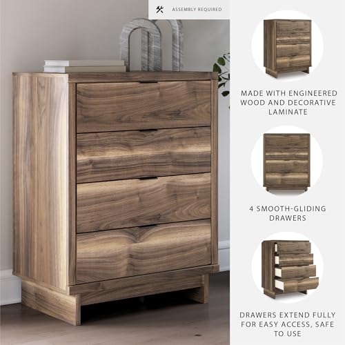 Image of Signature Design by Ashley Darcalli Chest of Drawers, 4 Drawer Tall Dresser, Mid-Century Modern, Engineered Wood (MDF /particleboard /Plywood) and Decorative Laminate, Bedroom Storage, Rustic Brown