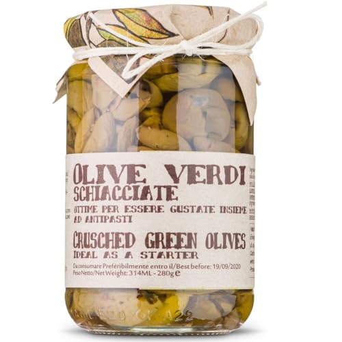 Italian Cracked Green Olives, 9.8 oz, Split Crunchy Green Olives Pitted in Oil, Porduct of Italy, ARTIGIANI DEI SAPORI Italian Cracked Green Olives, 9.8 oz, Split Crunchy Green Olives Pitted in Oil, Porduct of Italy, ARTIGIANI DEI SAPORI