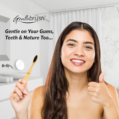 Image of Bamboo Toothbrush for Adults & Kids, Flat Handle Gentlebrush with BPA free Charcoal Activated Soft Bristles, Biodegradable, Anti-Bacterial & Eco-friendly (Pack of 3)
