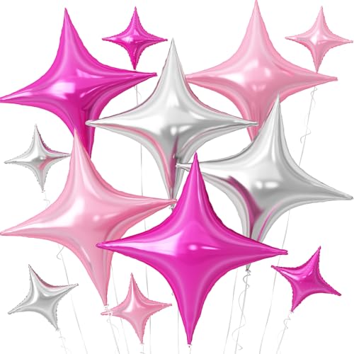 Image of Pink Silver Star Balloons,12Pcs Four Angle Star Foil Balloons