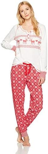 Amazon Brand - Mae Women's Sleepwear Vintage Thermal Loose Fit Henley Pajama Set