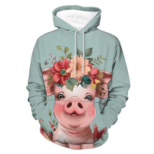 Sweat à capuche porc fleur papillon respirant pullover manches longues taille S homme femme