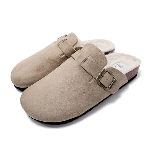 JOMIX Zapatillas Casa Mujer Invierno con Peluche, Zuecos Ante con Hebilla, Pantuflas Cerradas con Plantilla Ortopédica, MD2439, Beige, 36 EU