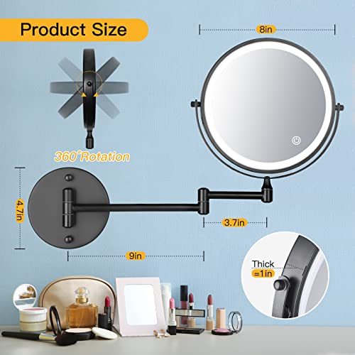 Sanawell Wall Mounted Makeup Mirror With Lights,8 Inches Double Sided 1X/10X Mirror With 3 Color Lights & Stepless Dimming,Touch Control 360°Rotation Vanity Mirror For Home Bathrom Shaving-Matte Black #TOP5