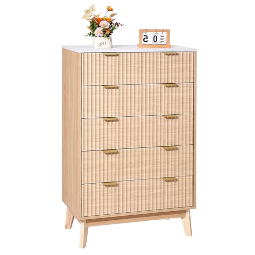 VEVOR Commode à 5 tiroirs cannelés, Meuble de Rangement en Bois avec système Coulissant et Anti-basculement, Style Minimaliste Moderne, Organisateur pour Salon, Couloir, Chambre, entrée, Bois Clair