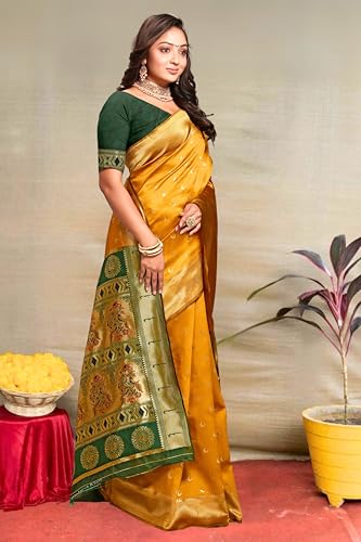Image of C J Enterprise Women's Pure Kanjivaram Silk Saree Paithani Soft Wedding Sarees With Blouse Piece (Chand paithani)