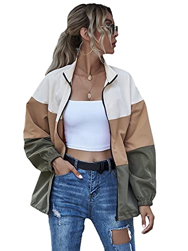 Verdusa Women s Casual Color Block Drawstring Hem Long Sleeve Jacket Outerwear Khaki and Army Green M
