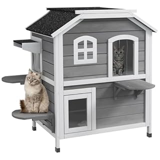 PawHut Casetta per Gatti Con Tetto in Asfalto, da Esterno Con Scale, Villa a 2 Piani, Impermeabile, da Giardino, in Legno di Abete, Grigio, 78 x 55,5 x 91 cm