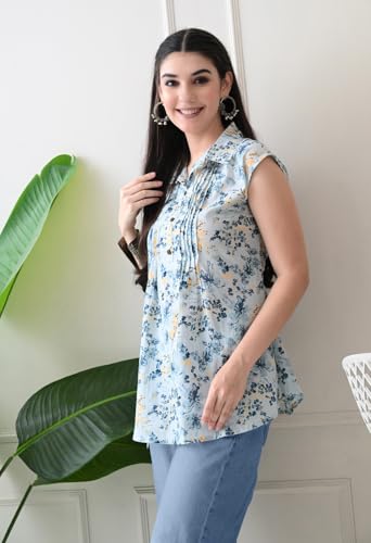 Image of Rimika's Pure Cotton Sky Blue Floral Regular Fit Sleeveless Top with Collar, Perfect for Casual, Comfort, Daily, Formal and Ethnic Wear