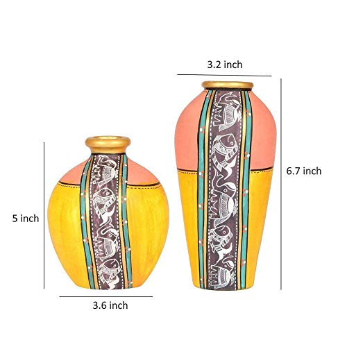 Image of Aakriti Art Creations Yellow Earthen Terracotta Vases Set of 2 with Madhubani Art | Handmade Matte Finish Decorative Flower Vases | Table Decor Items, Living Room Showpieces & Housewarming Gift