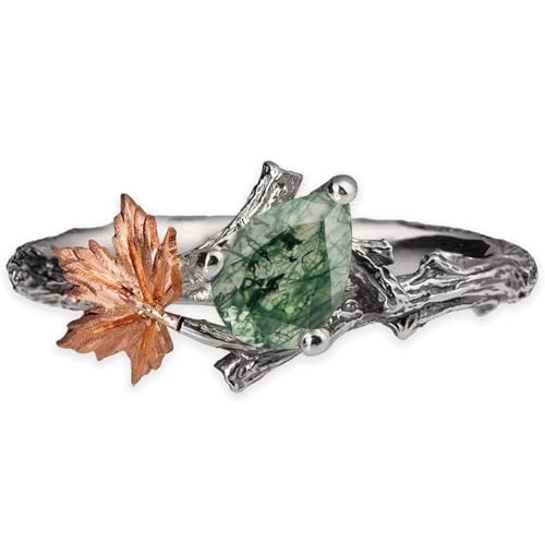 Luyona Natural Moss Agate Ring for Women 925 Sterling Silver Green Agate Promise Ring with Vine Leaf Engagement Wedding Jewelry Gifts A6-5.5