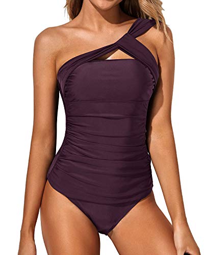Tempt Me Purple Two Piece Tankini Bathing Suits for Women One Shoulder Swim Top with Shorts Swimsuits M
