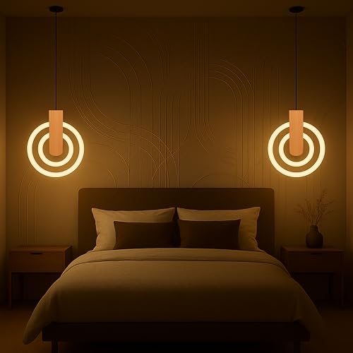 Image of Lampmaster Modern 2-Ring LED Pendant Light with Wooden Accent | Warm White Glow Ceiling Hanging Lamp | Elegant Chandelier for Dining Room, Bedroom, Living Room, Restaurants, Coffee Shop & Office
