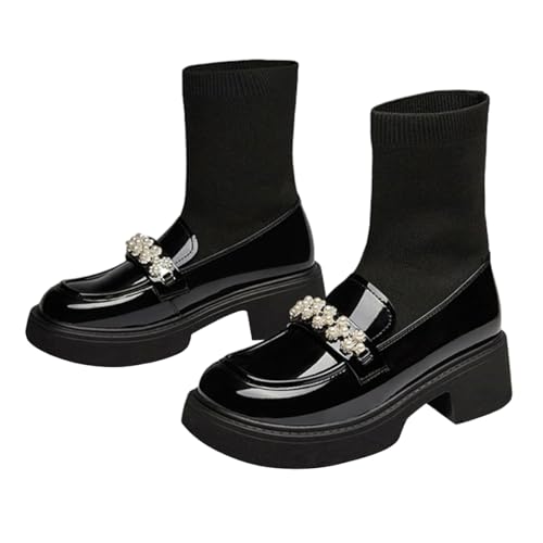 FOWT Women Platform Round Toe Ankle Boots Pearl Strap Chunky Low Heel Loafer Booties Elastic Calf Cute Dressy Shoes Size 4-16 US3