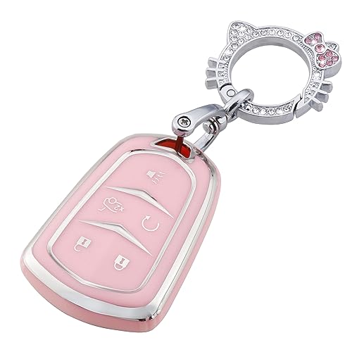 Image of Pangpai Pink Key Fob Cover for Cadillac, Soft TPU Key Case Protection with Bling Keychain Fit for Cadillac Escalade CTS SRX XT5 ATS CT6 5 Buttons Smart Key Case