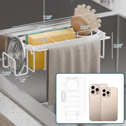 Image of TAILI 4-in-1 Sponge Holder for Kitchen Sink with Strong Suction Cup-White | Removable Rustproof 304 Stainless Steel Multi-compartment Sponge Holder with Suction Cup, Keeps Brushes & Scrubbers Tidy
