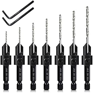 7 Pack Countersink Drill Bits Set, Wood Drill Countersink Counterbore 3in1, Three 82-Degree Chamfer Cutters, M2 Counterbore Cutting Depth Adjustable, with 2 Allen Wrenches and 6mm Hex Shank